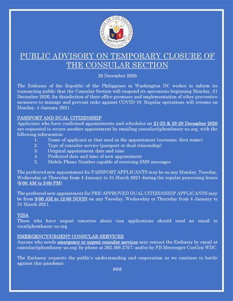 Public Advisory: Temporary Closure of Consular Office NCR .
